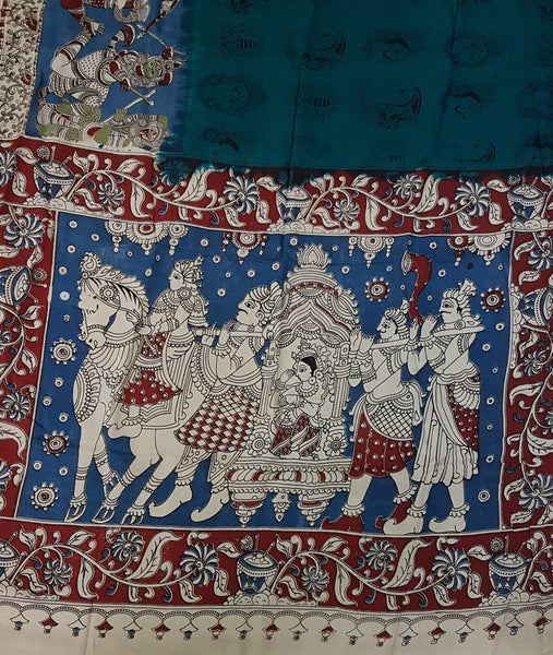 Chennur silk Kalamkari with intricate wedding procession scene printed on the pallu.