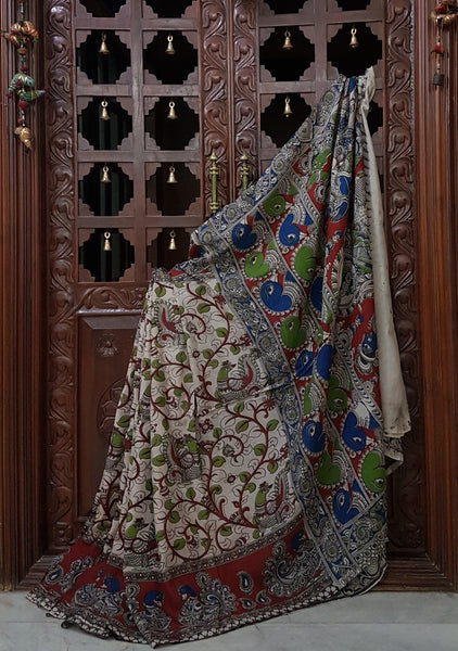 Chennur silk kalamkari with intricate goddess figure on pallu