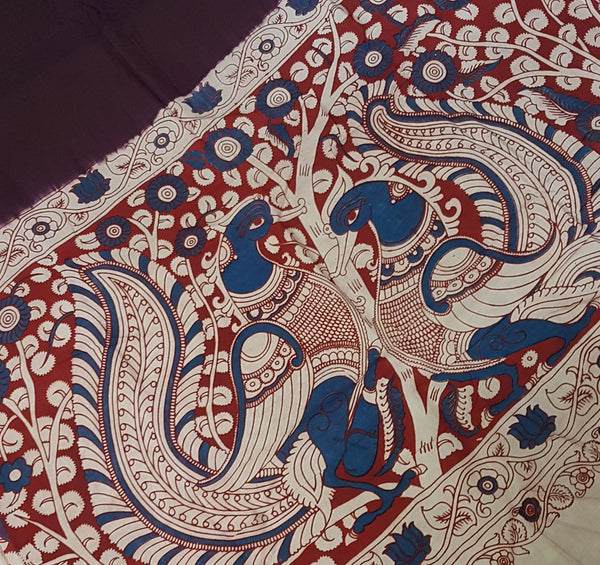 Maroon chennur silk kalamkari with intricate peacock motif on pallu and border