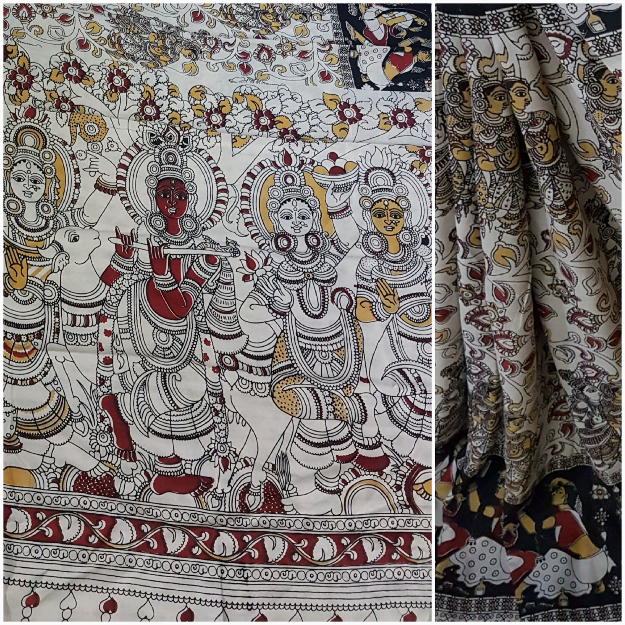 Chennur silk kalamkari with intricate radha Krishna motif on pallu.