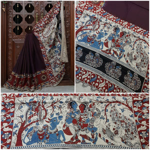 Chennur silk kalamkari with intricate peacock and dancing figures on pallu