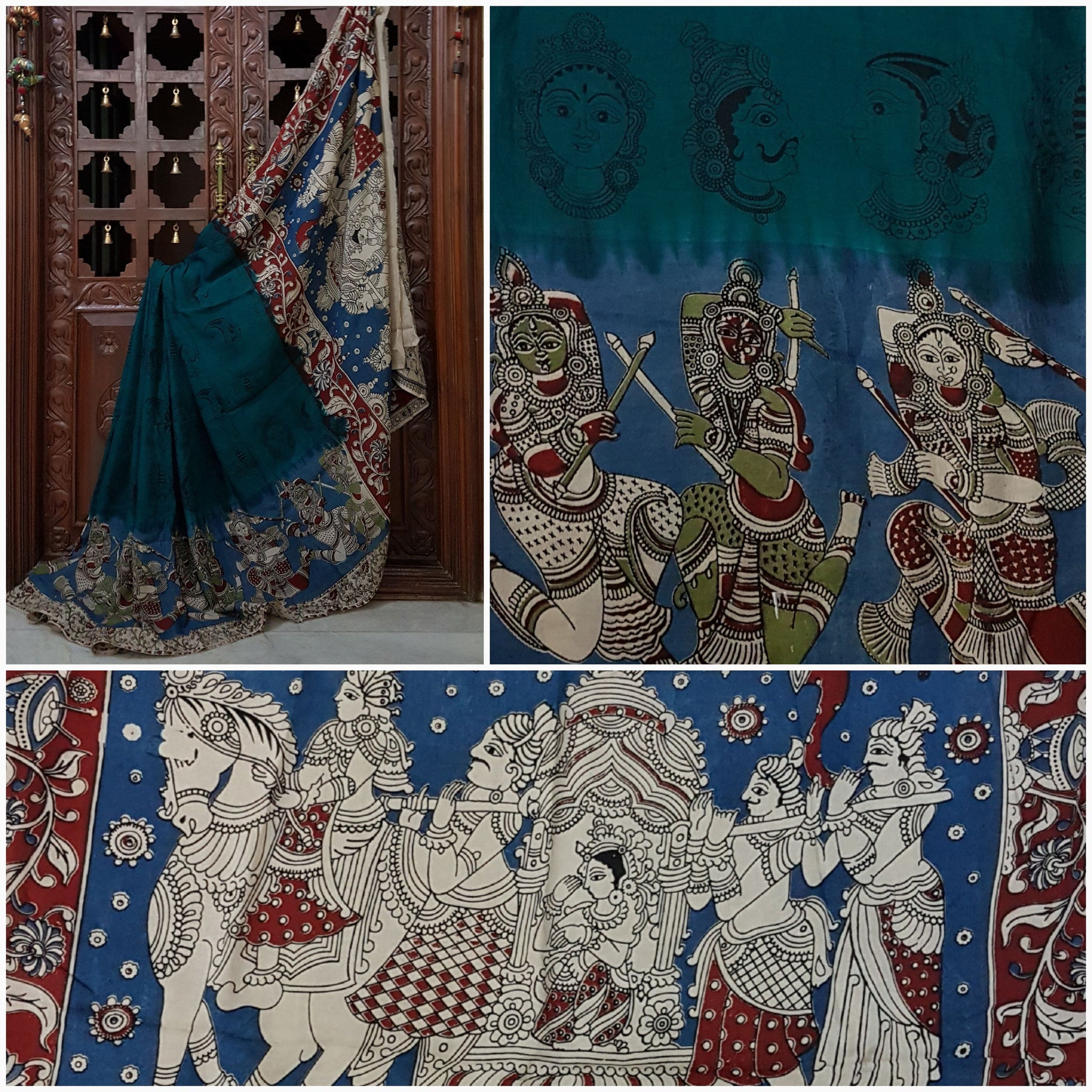 Chennur silk Kalamkari with intricate wedding procession scene printed on the pallu.