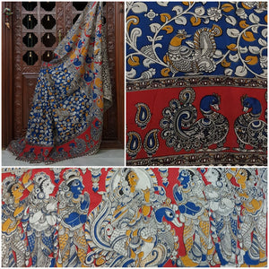 Chennur silk kalamkari with intricate goddess motif on pallu and all over floral motif