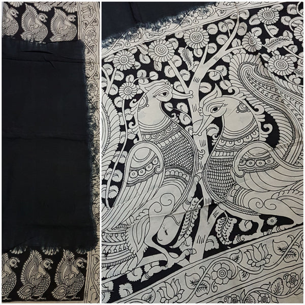 Black and off white chennur silk kalamkari with intricate peacock motif on pallu and border.