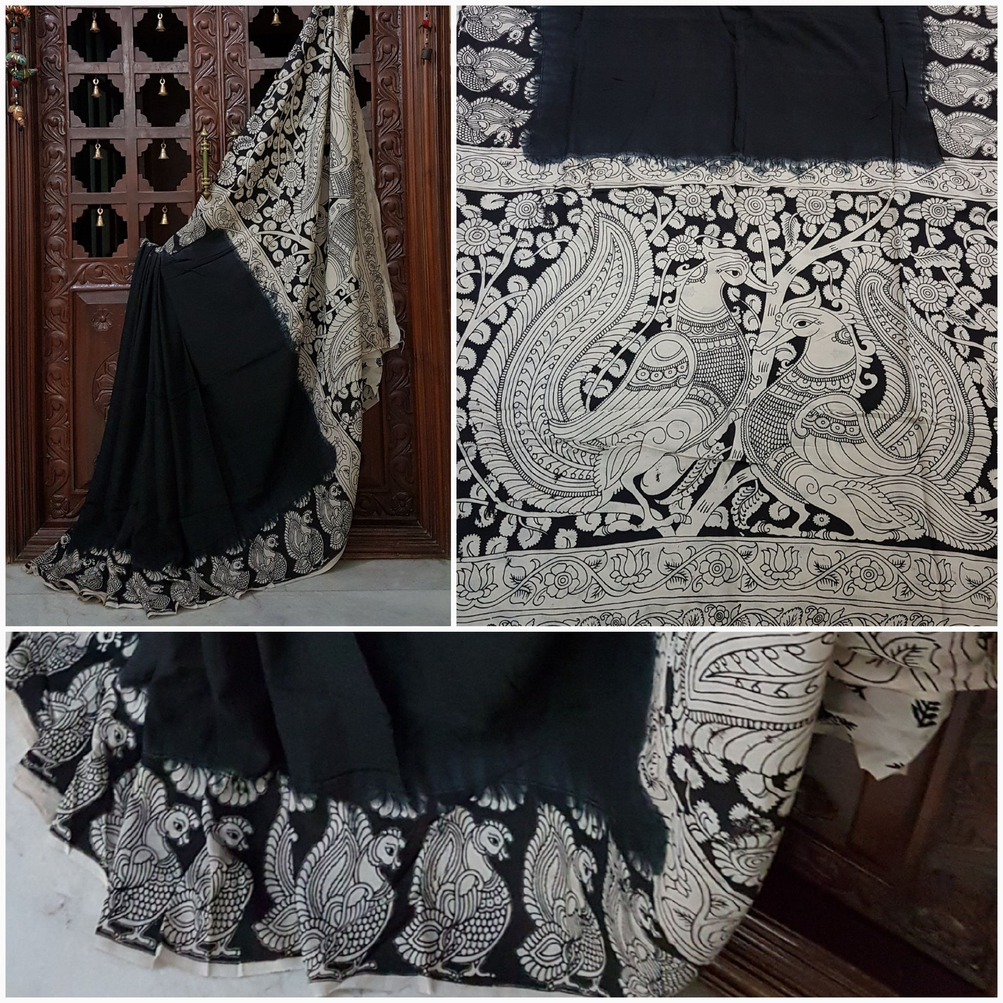Black and off white chennur silk kalamkari with intricate peacock motif on pallu and border.