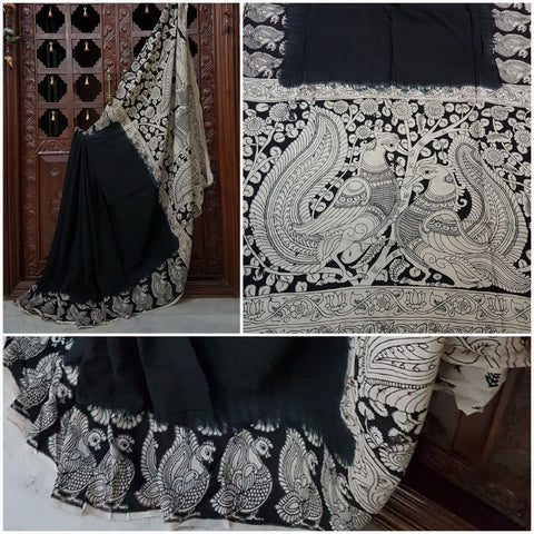Black and off white chennur silk kalamkari with intricate peacock motif on pallu and border.