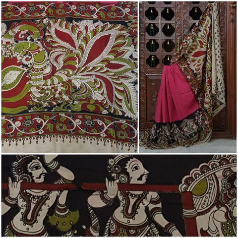 Pink chennur silk kalamkari with intricate peacock on pallu and wedding procession scene on border.