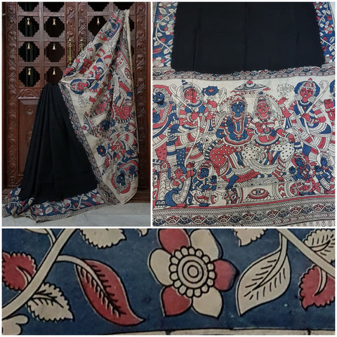 Black chennur silk kalamkari with intricate god and goddess motif on pallu.