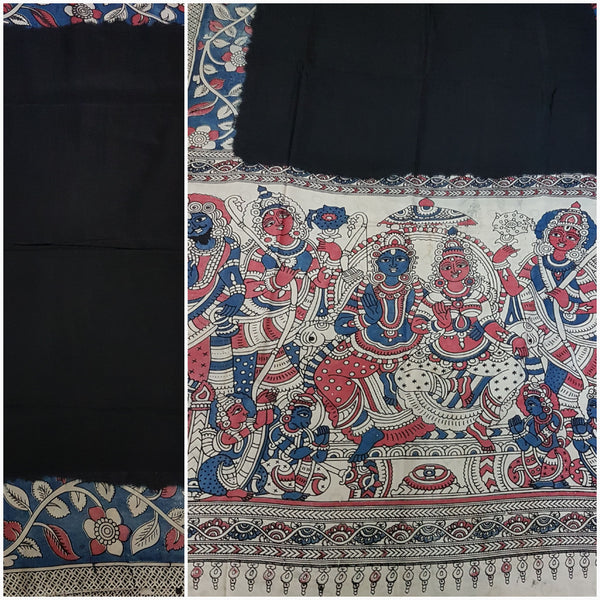 Black chennur silk kalamkari with intricate god and goddess motif on pallu.