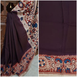 Maroon chennur silk kalamkari with intricate peacock motif on pallu and border