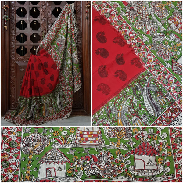 Red chennur silk kalamkari with intricate village scene on pallu and paisley motif all over the body.