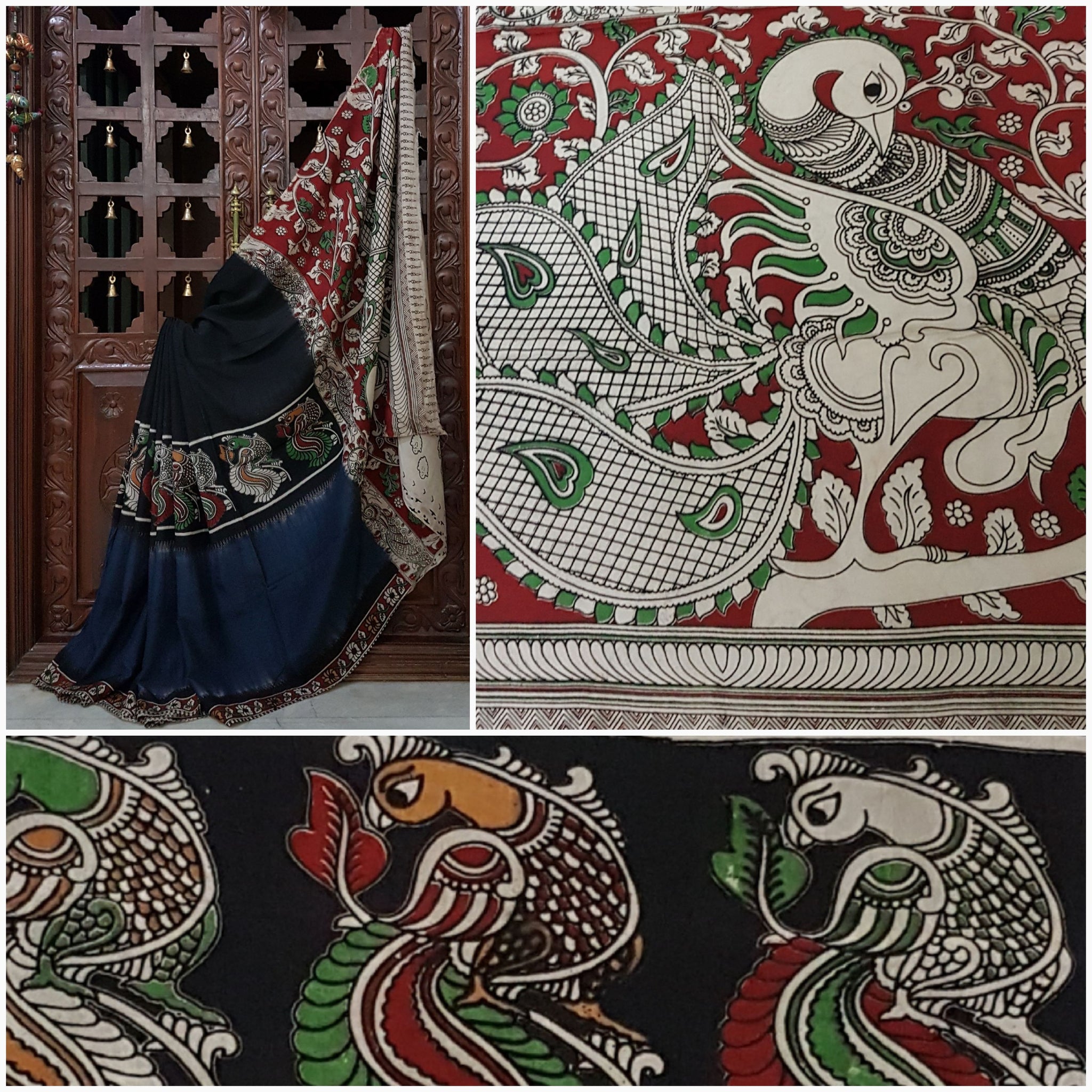 Chennur silk kalamkari half and half with intricate peacock motif on pallu and border.