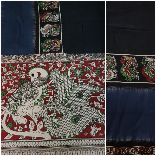 Chennur silk kalamkari half and half with intricate peacock motif on pallu and border.