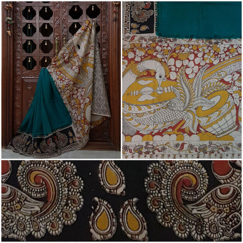 Green mul cotton kalamkari with with musical instrument motifs on pallu