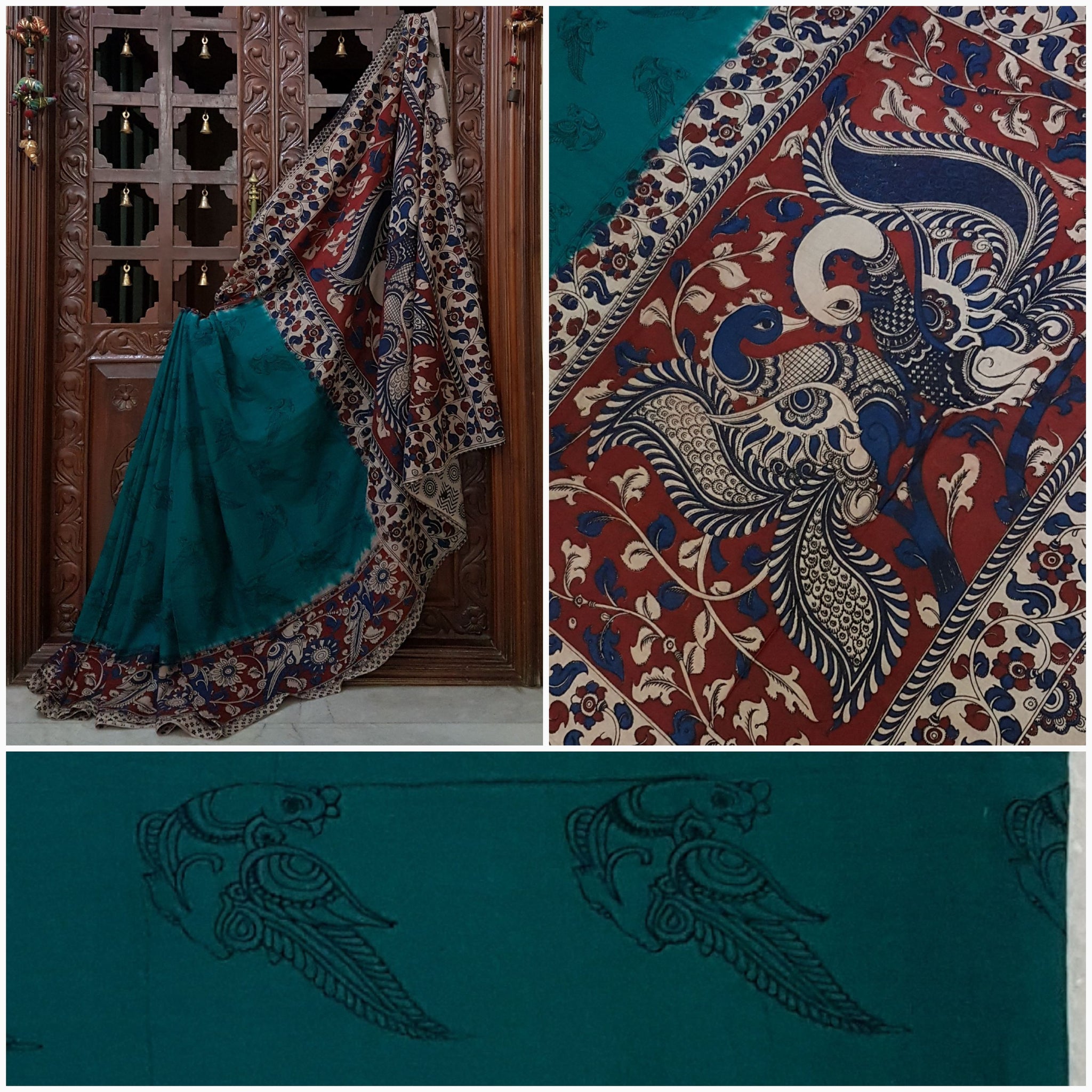 Green mul cotton kalamkari with peacock motif on pallu, border and body of saree.