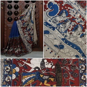 Blue and maroon half and half mul cotton kalamkari saree with peacock and human figure motifs.