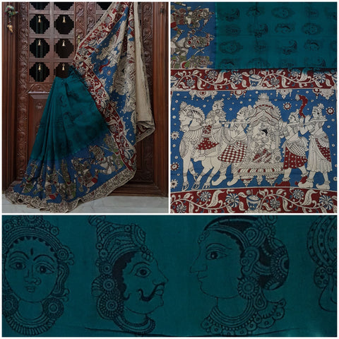 Green mul cotton kalamkari with intricate bridal procession motif and kathakali face motifs on the body of the saree.
