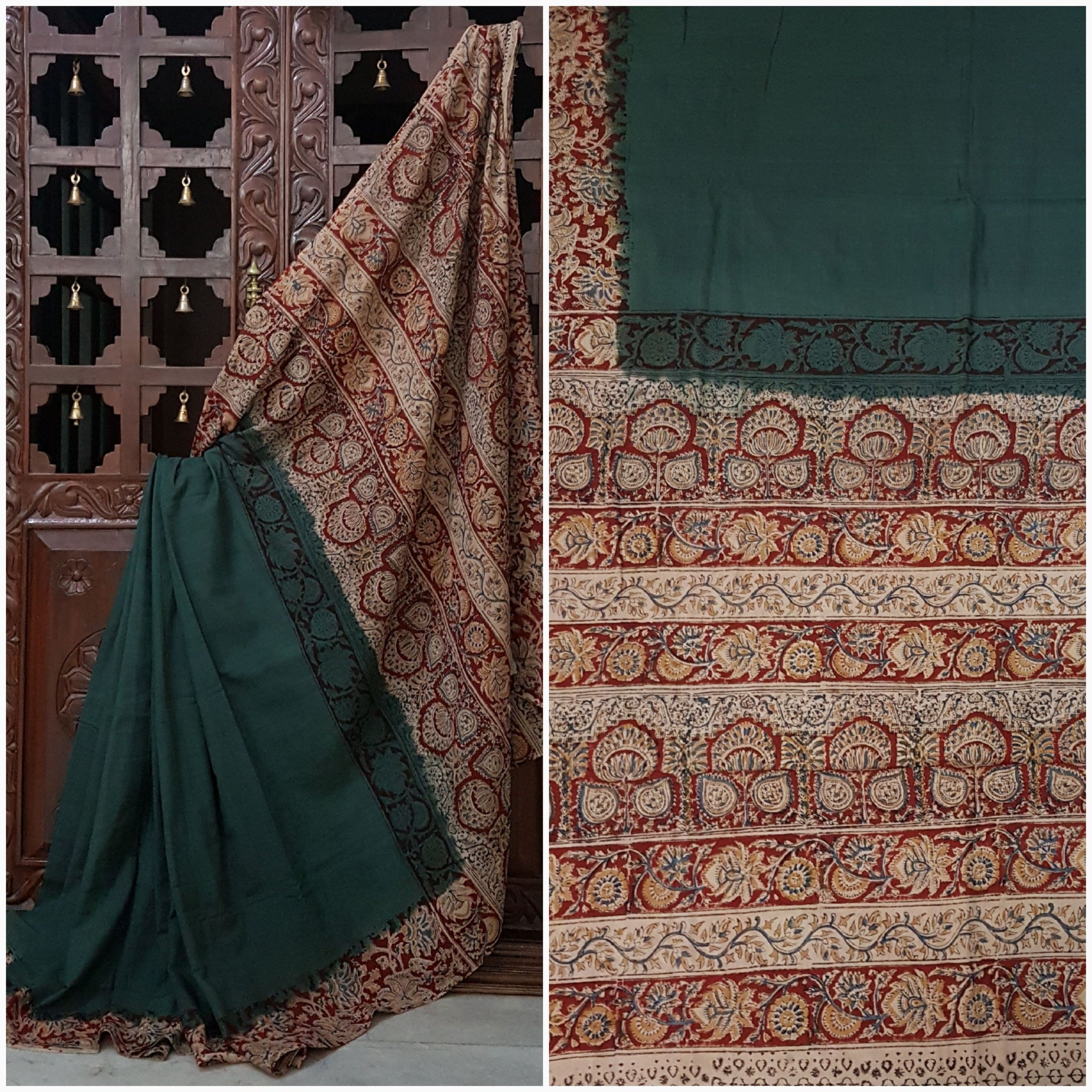 Green mul cotton kalamkari with floral motif on pallu and border.