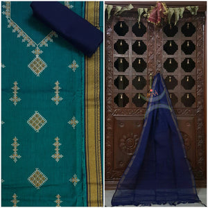 Teal blue kasuti embroidered mangalgiri cotton top with zari border and plain contrasting royal blue mangalgiri cotton salwar and dupatta