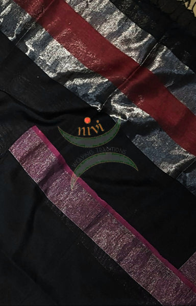 Black 80's count handloom linen dupatta with subtle silver borders.