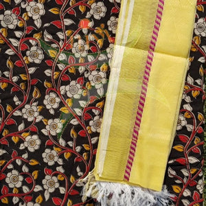 Black handloom kalamkari cotton kurta fabric with contrasting yellow kota cotton dupatta