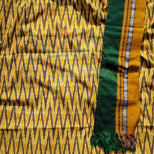 Handloom cotton pochampalli ikat kurta fabric with  contrasting green Khun dupatta.