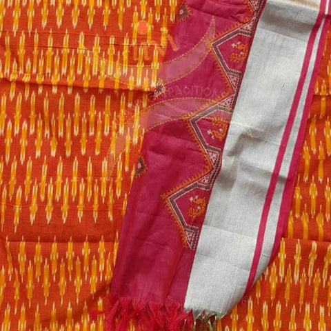 Orange handloom pochampalli ikat cotton  kurta fabric with contrasting pink kasuti embroidered dupatta.