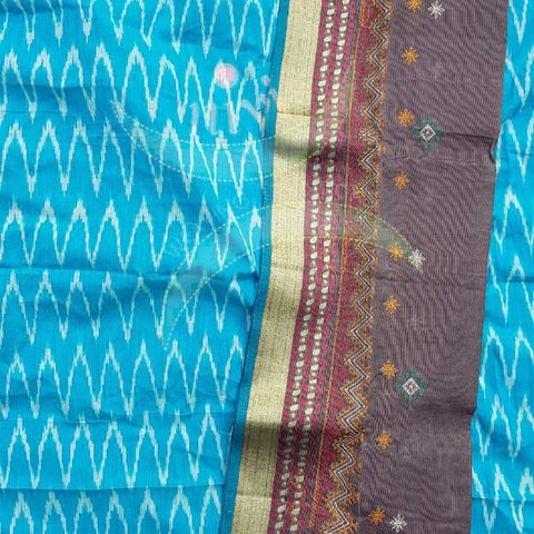 Blue handloom pochampalli ikat cotton kurta fabric with contrasting two tone kasuti embroidered dupatta.