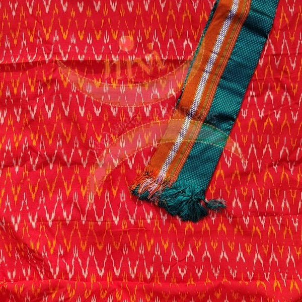 Red handloom cotton pochampalli ikat kurta with contrasting green khun dupatta