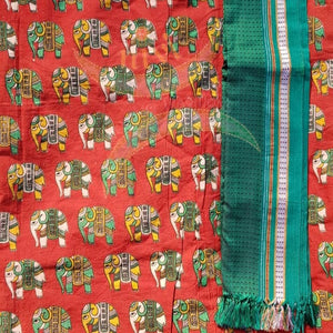 Handloom red cotton kalamkari fabric with elephant motif and contrasting green khun dupatta.