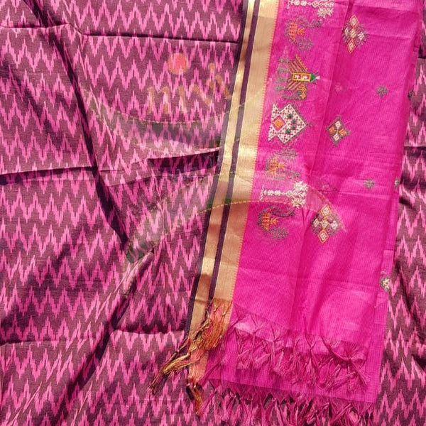 Handloom cotton pochampalli ikat kurta fabric with kasuti embroidered dupatta