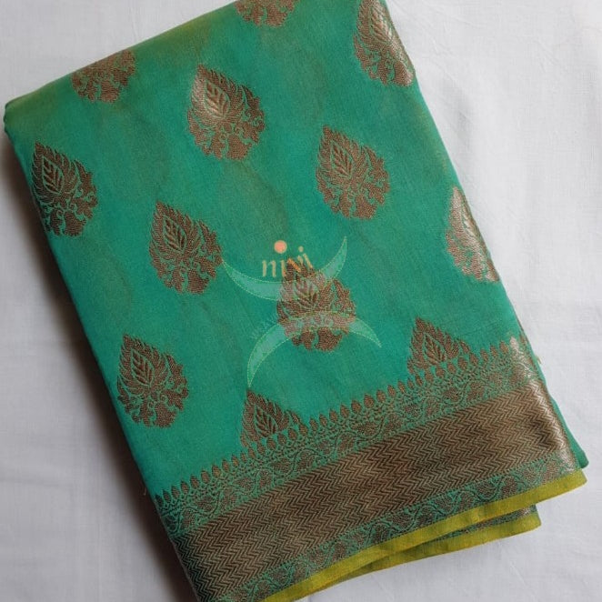 Peacock green benaras brocade silk saree with antique gold brocade