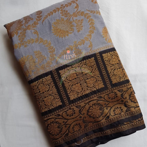 Silver grey pure muga silk benaras brocade with contrasting border and pallu