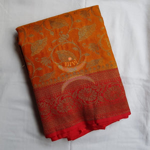 Yellow Orange pure muga silk benaras brocade with contrasting border and pallu