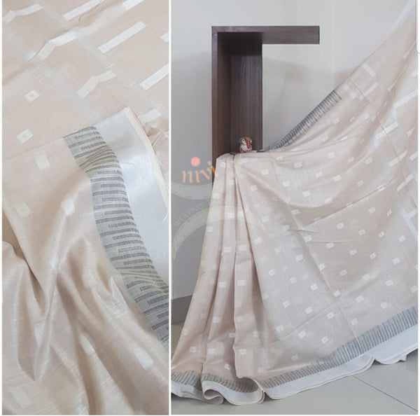 Handloom linen cotton saree with subtle silver border and plain blouse