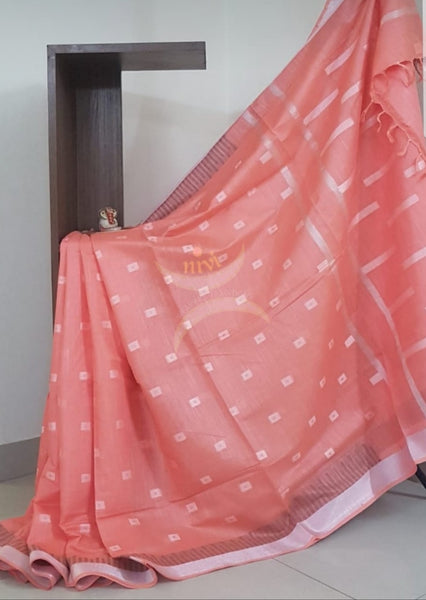 Handloom linen cotton saree with subtle silver border and plain blouse