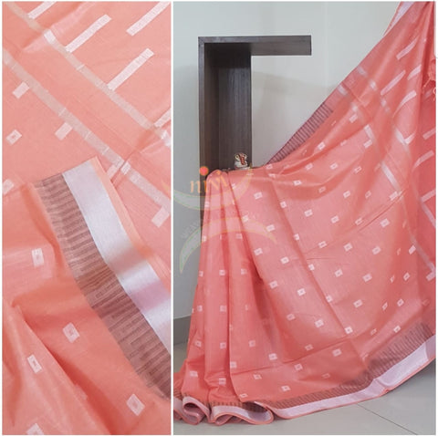 Handloom linen cotton saree with subtle silver border and plain blouse