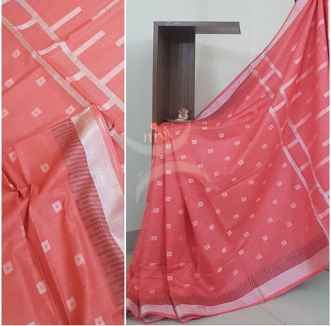 Handloom linen cotton saree with subtle silver border and plain blouse