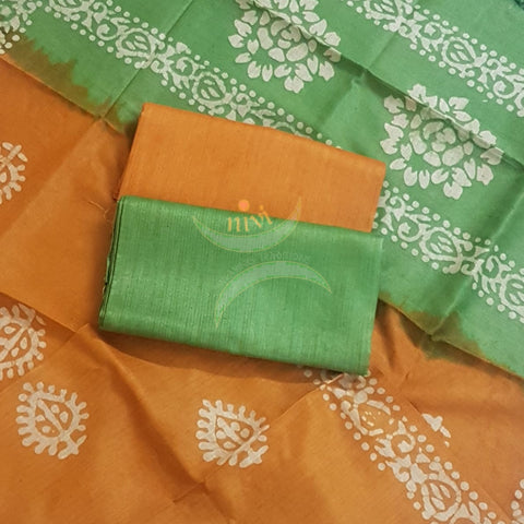 Orange with green handloom silk blend  batik suit set
