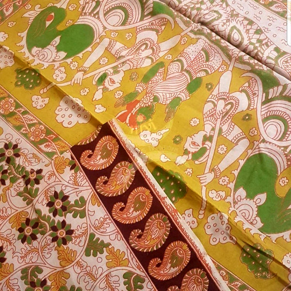 Beige Cotton handloom kalamkari saree with contrasting blouse piece.
