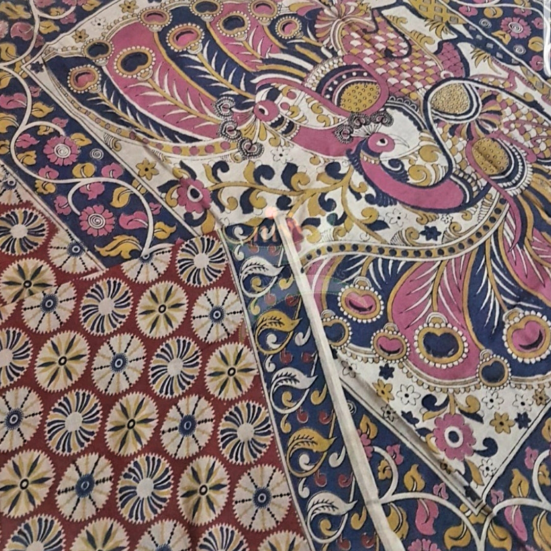 Maroon Cotton handloom kalamkari Saree with contrasting  blouse piece.