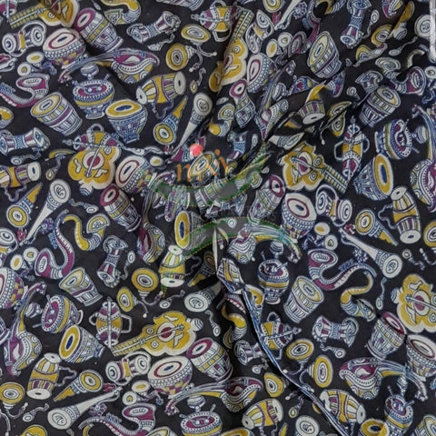 Black chennur silk kalamkari running material with musical instruments motifs