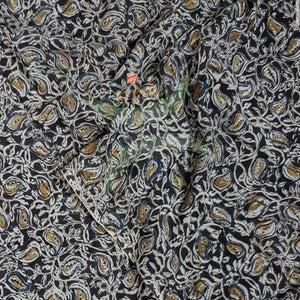 Black chennur silk kalamkari running material with floral motifs