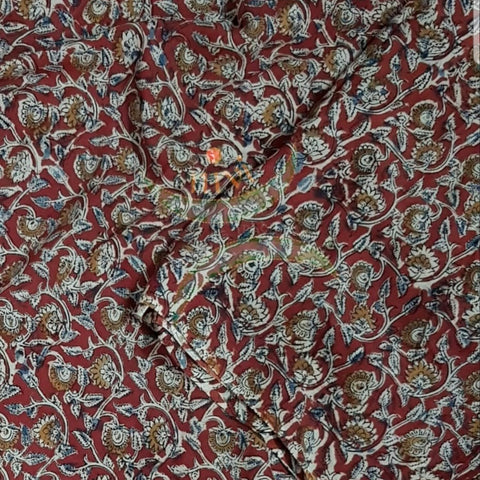 Red chennur silk kalamkari running material with floral motifs