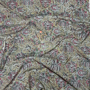 Light yellow handloom cotton kalamkari fabric with floral motifs