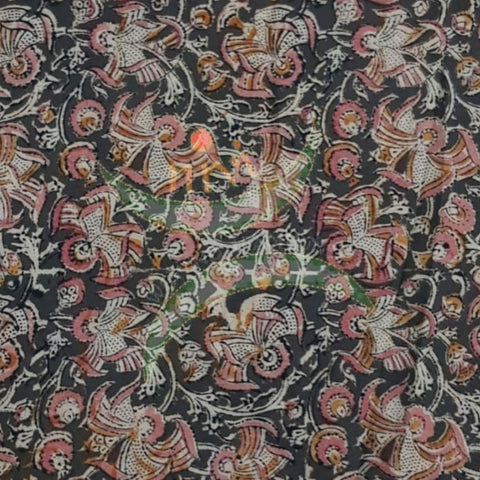 Khaki green with abstract floral motif handloom cotton kalamkari fabric