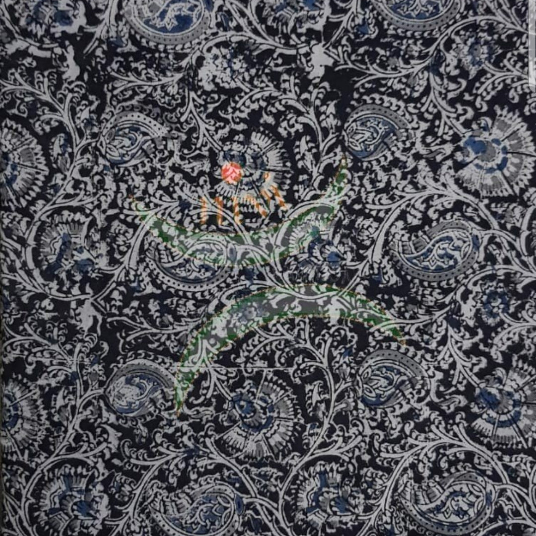 Black floral motif handloom cotton kalamkari fabric