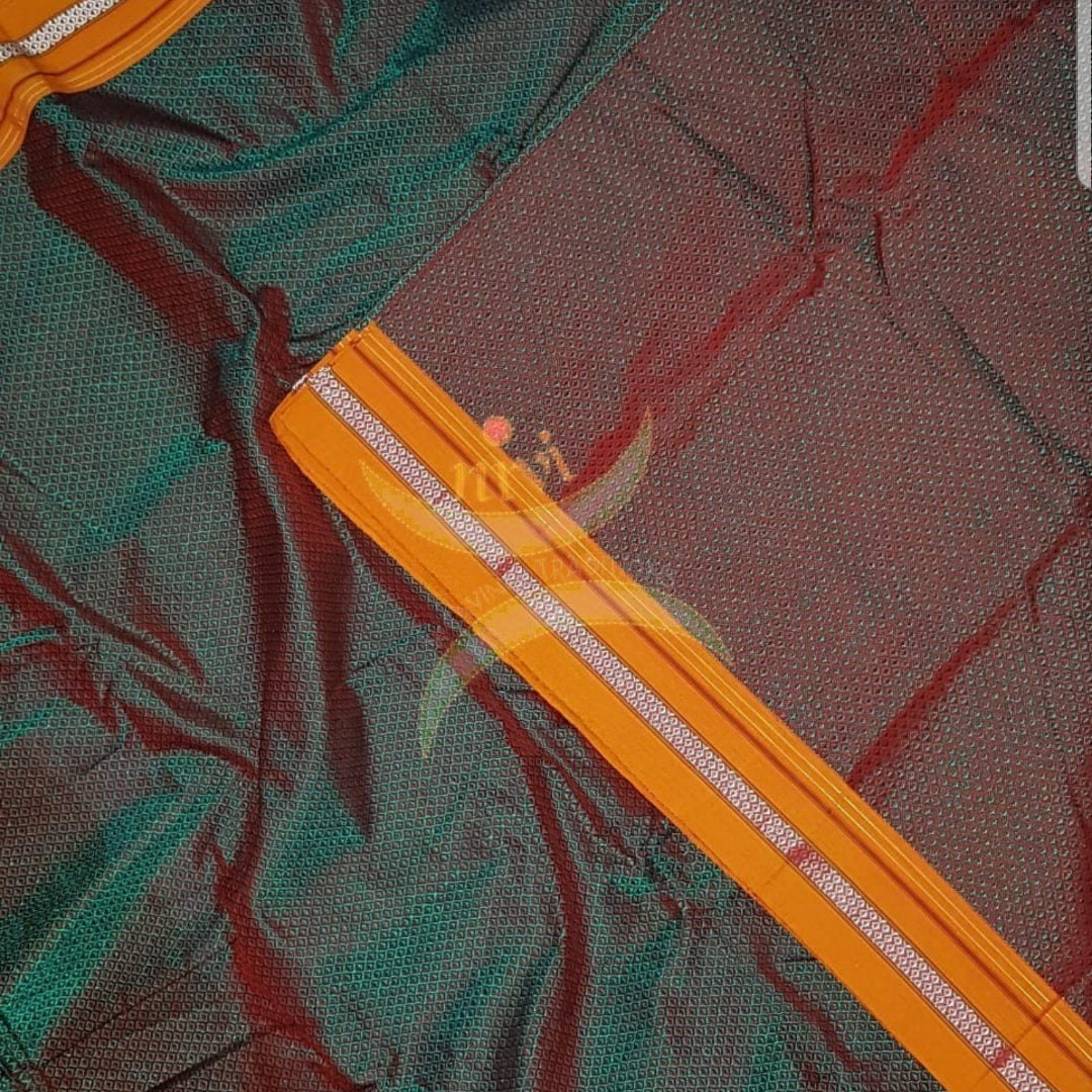 Two tone green Khun/khana running material with bright mustard border. Width of the fabric is 36 inches.