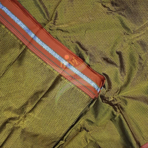 Mehendi green Khun/khana running material with orange border. Width of the fabric is 36 inches.