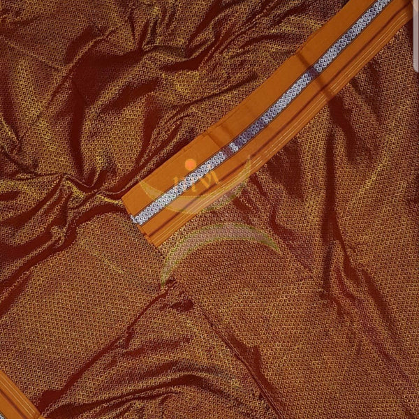 Mustard shot Brown khun/khana running material with mustard border.  Width of the fabric is 36 inches.